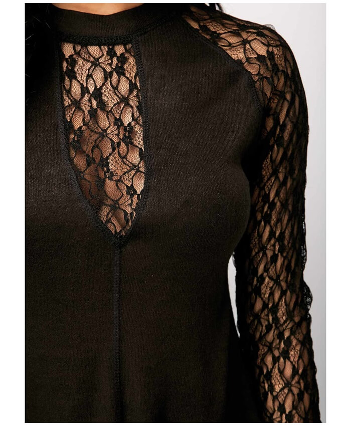 Long Sleeve Mock Neck Lace Panel Blouse